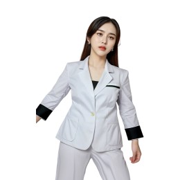 Design solid color mid-sleeved women's suit uniforms custom-made white contrast color black cuffs hotel uniforms hotel manager uniforms front desk staff uniforms Mercure Hotel HL032 Design solid color mid-sleeved women's suit uniforms custom-made white contrast color black cuffs hotel uniforms hotel manager uniforms front desk staff uniforms Mercure Hotel HL032